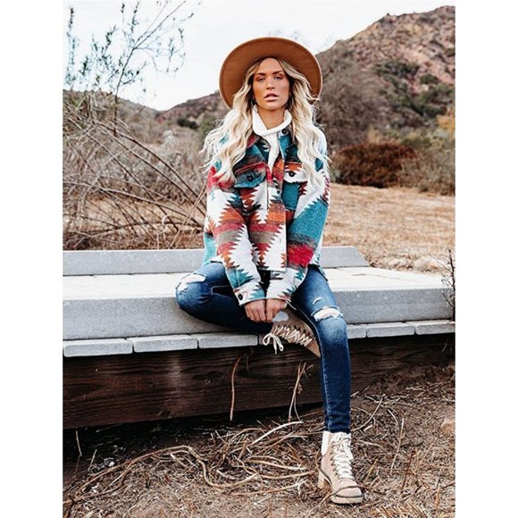 Multicolor Aztec Tribal Print Button Down Corduroy Shacket Jacket Coat - Picture 7 of 9